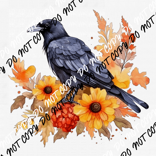 Crow with Fall Flowers Watercolor DTF Transfer - We Print U Press DTF Transfers