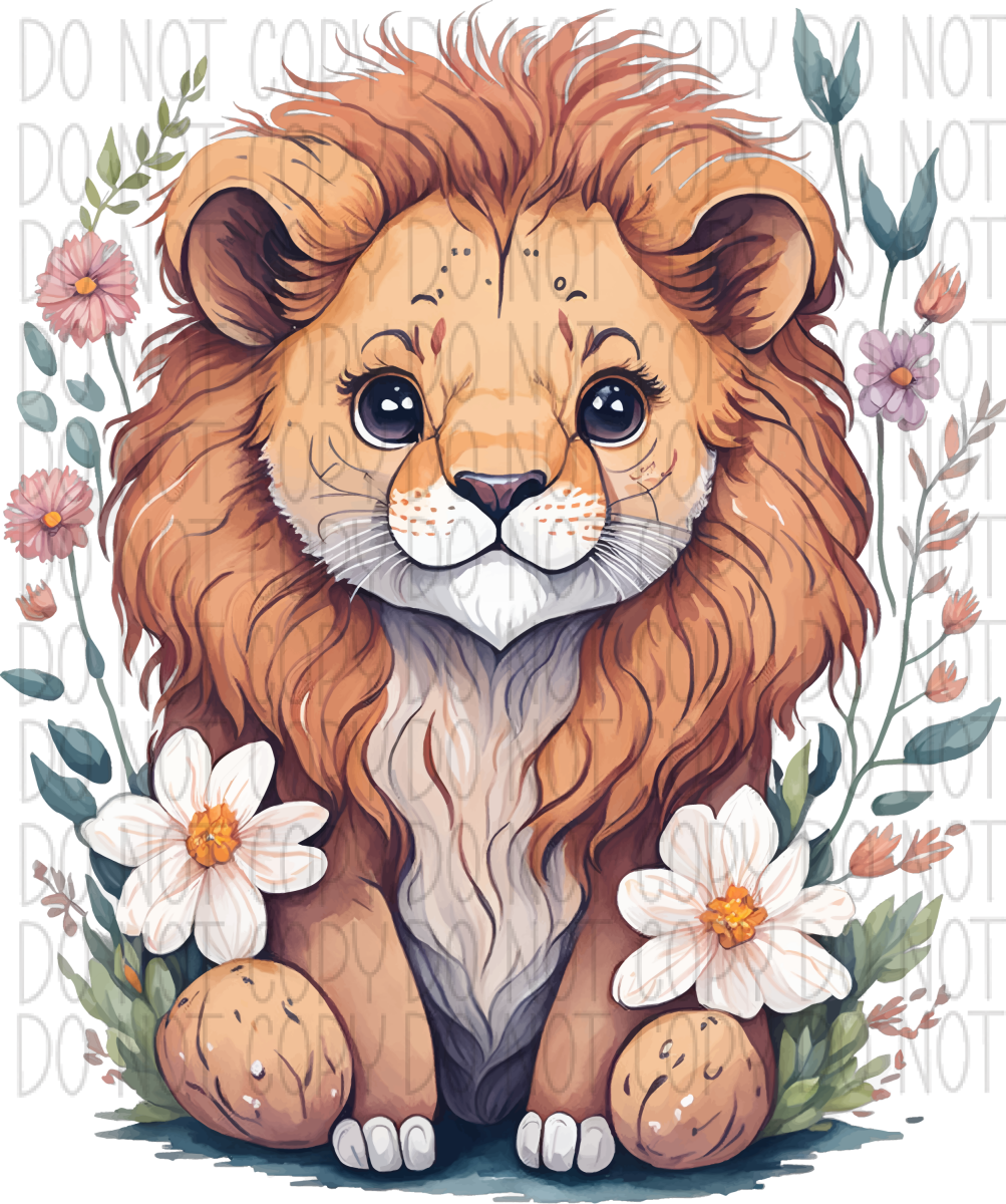 Cute Baby Lion With Flowers