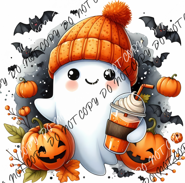 Cute Ghost In Beanie With Iced Drink Dtf Transfer Rtp Transfers