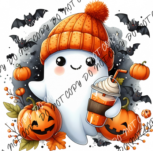 Cute Ghost In Beanie With Iced Drink Dtf Transfer Rtp Transfers