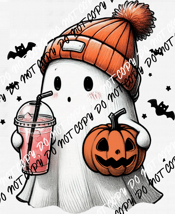 Cute Ghost in Beanie with Pink Drink DTF Transfer - We Print U Press DTF Transfers