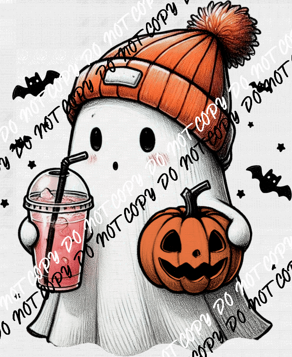 Cute Ghost in Beanie with Pink Drink DTF Transfer - We Print U Press DTF Transfers