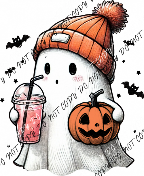 Cute Ghost In Beanie With Pink Drink Dtf Transfer Rtp Transfers