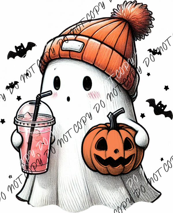 Cute Ghost In Beanie With Pink Drink Dtf Transfer Rtp Transfers