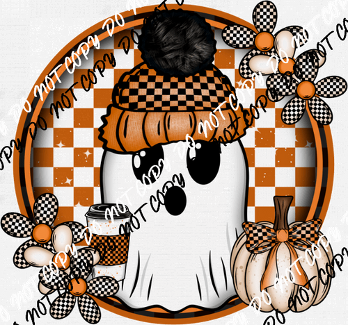 Cute Ghost in Checkered Circle DTF Transfer - We Print U Press DTF Transfers