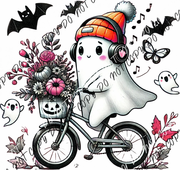 Cute Ghost On A Bike With Headpohones Dtf Transfer Rtp Transfers