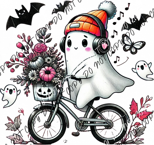 Cute Ghost On A Bike With Headpohones Dtf Transfer Rtp Transfers