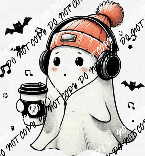 Cute Ghost with Headphones and Coffee DTF Transfer - We Print U Press DTF Transfers