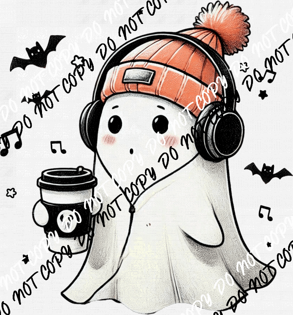 Cute Ghost with Headphones and Coffee DTF Transfer - We Print U Press DTF Transfers