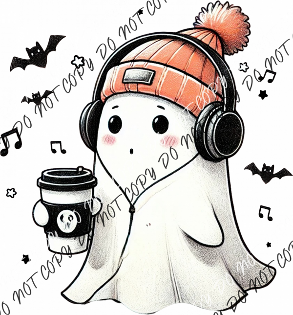 Cute Ghost With Headphones And Coffee Dtf Transfer Rtp Transfers