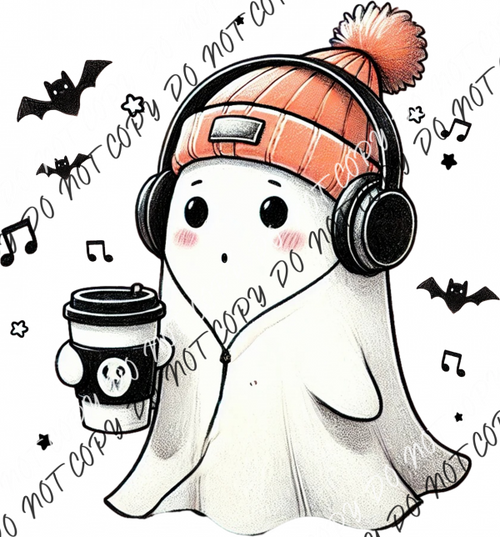 Cute Ghost With Headphones And Coffee Dtf Transfer Rtp Transfers