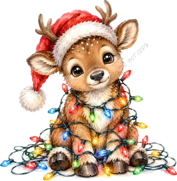 Cute baby reindeer wearing Santa hat wrapped in colorful Christmas lights, ready to press DTF transfer