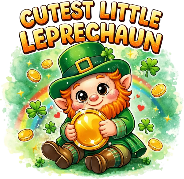 Cute smiling leprechaun holding pot of gold with clovers and rainbow, ready to press dtf transfer