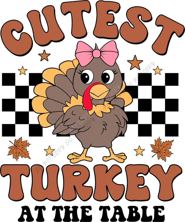 Cartoon brown turkey with pink bow, gold wings, and red tongue on checkered background ready to press dtf transfer