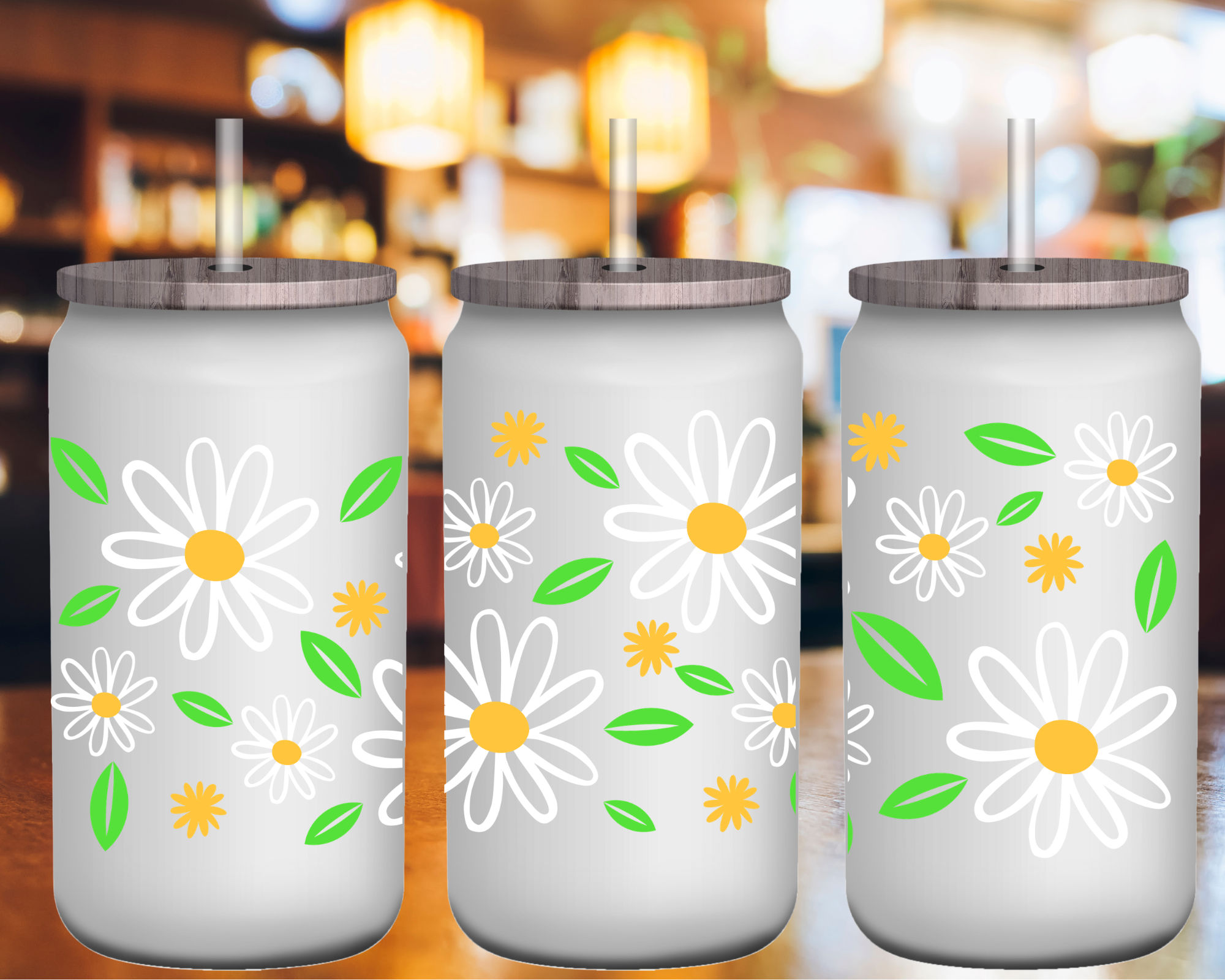 Fresh Daisies 16 oz Glass Can Cup Wrap UV Transfer