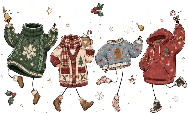 Four colorful dancing Christmas sweater characters with boots and bells, ready to press dtf transfer design with holiday decorations.