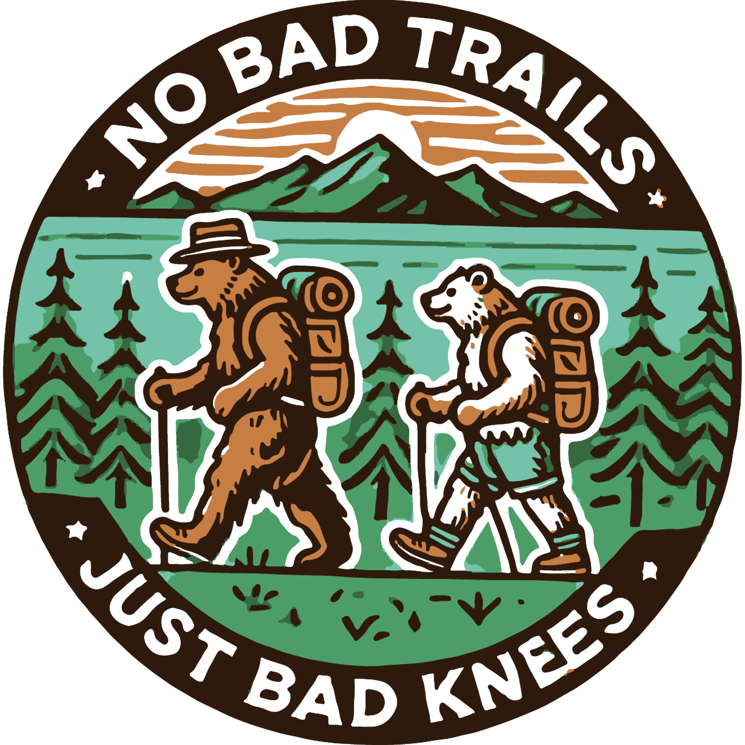 Ready to press DTF transfer showing two cartoon bears hiking with backpacks in mountains and forest landscape.