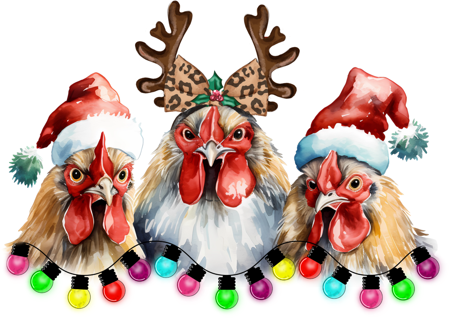 Three cheerful chickens wearing Santa hats and reindeer antlers with colorful Christmas ornaments, ready to press dtf transfer