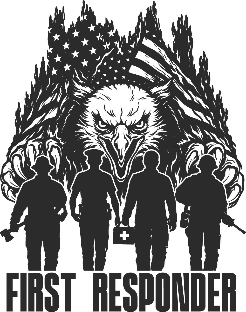 Black and white first responder eagle flag design with four soldier silhouettes, ready to press DTF transfer