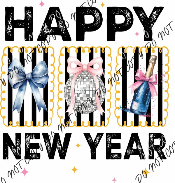 Disco Ball & Champagne Bows Happy New Year 2026 DTF Transfer RTP DTF Transfers