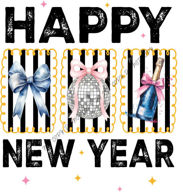 Disco Ball & Champagne Bows Happy New Year 2026 DTF Transfer RTP DTF Transfers