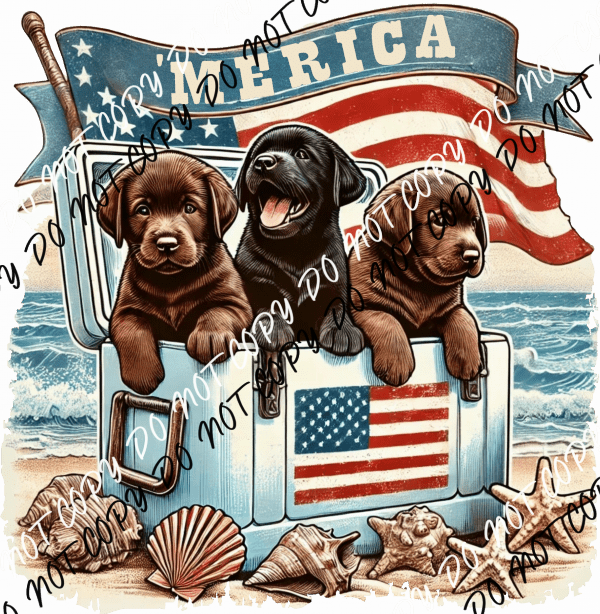 DOGS IN COOLER PATRIOTIC ON BEACH DTF TRANSFER - We Print U Press DTF Transfers
