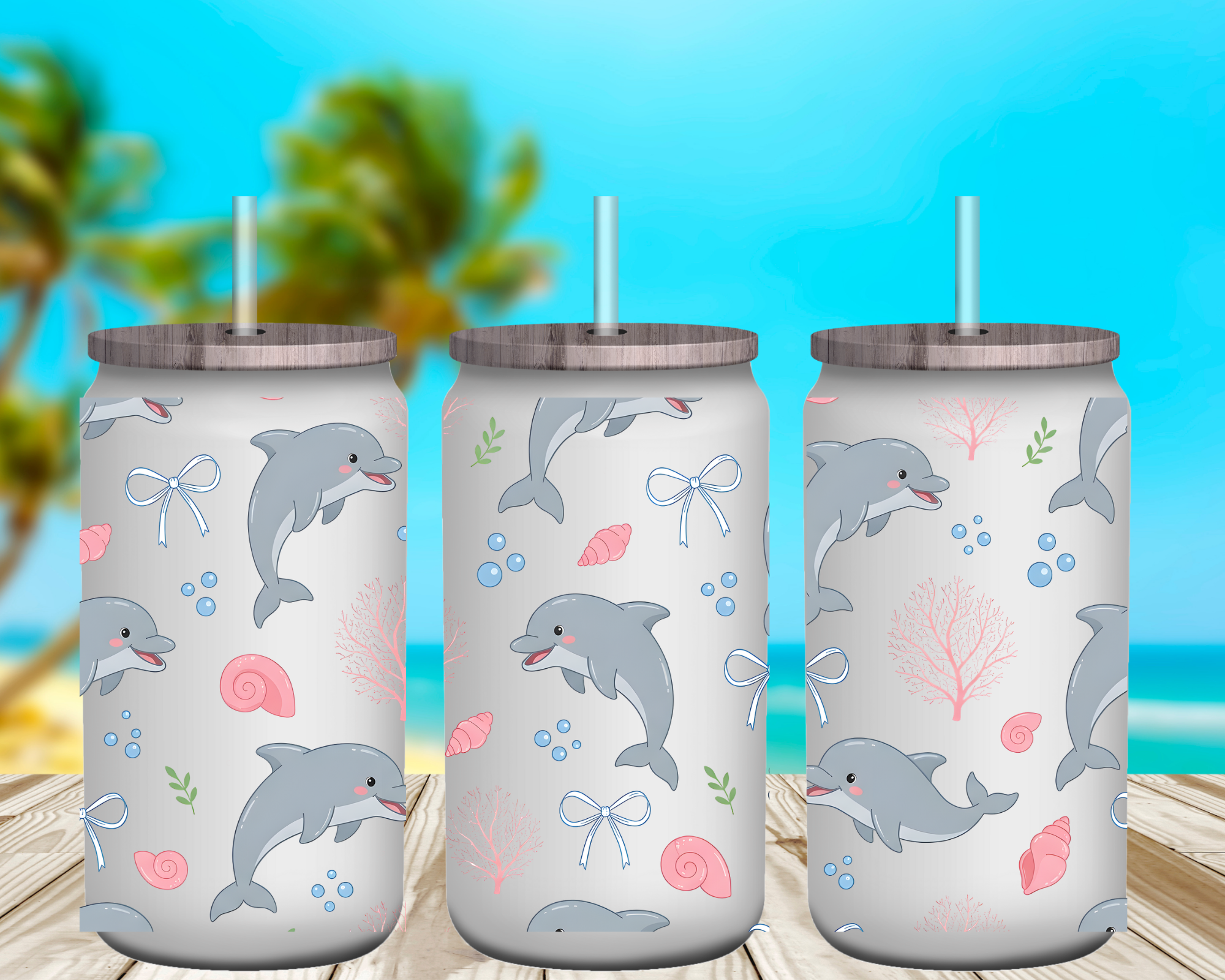 Sweet Dolphin 16 oz Glass Can Cup Wrap UV Transfer