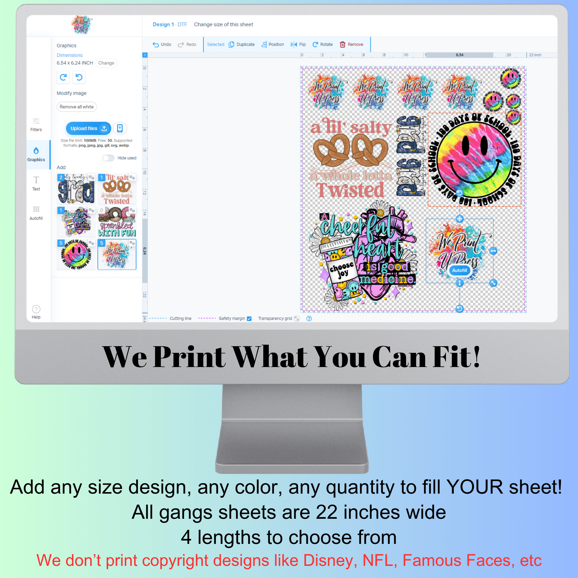 DTF Gang Sheet AutoBuilder (length will auto adjust as needed) - We Print U Press DTF Transfers