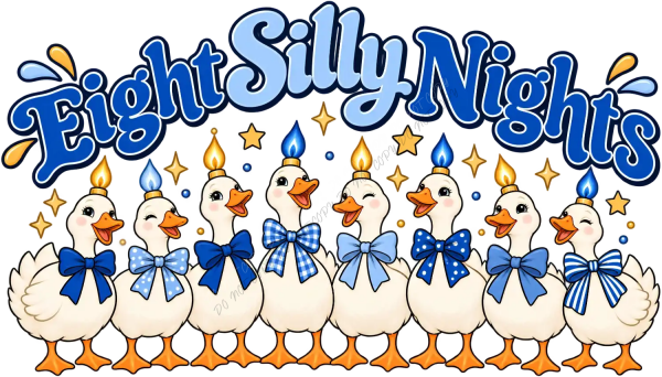 Eight adorable ducks wearing blue bows with golden flames, stars, and sparkles, ready to press dtf transfer