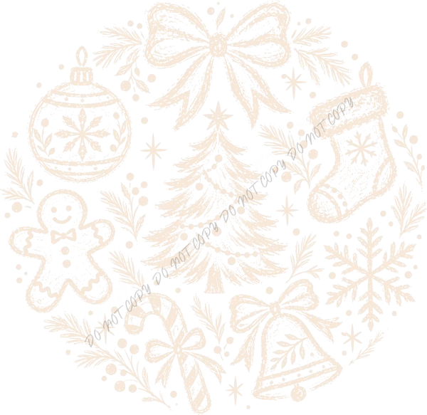 Cream-colored ready to press dtf transfer with Christmas ornaments, gingerbread man, stockings, candy cane, and festive bows.