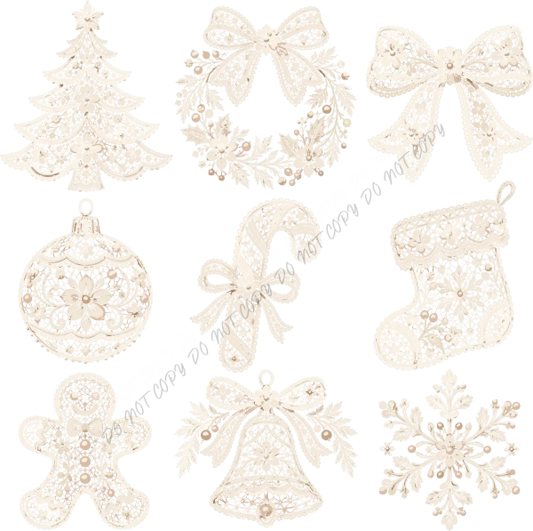 Nine cream lace Christmas ornaments, bows, stockings, and bells ready to press dtf transfer