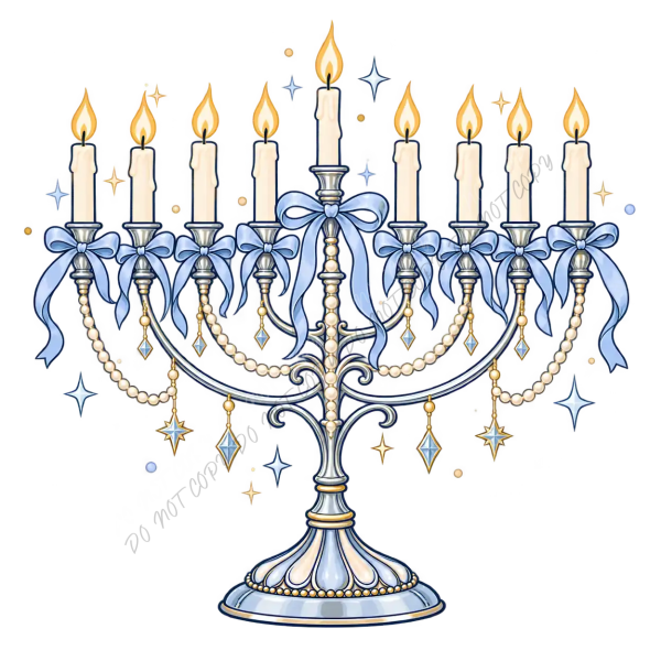 Elegant Menorah Candelabra Blue Bow DTF Transfer - RTP DTF Transfer