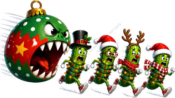 Angry green Christmas ornament with sharp teeth chasing four scared green caroler characters wearing Santa hats and scarves, ready to press dtf transfer