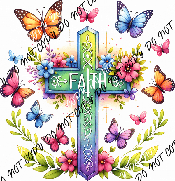 Faith Butterflies and Floral Cross DTF Transfer - We Print U Press DTF Transfers
