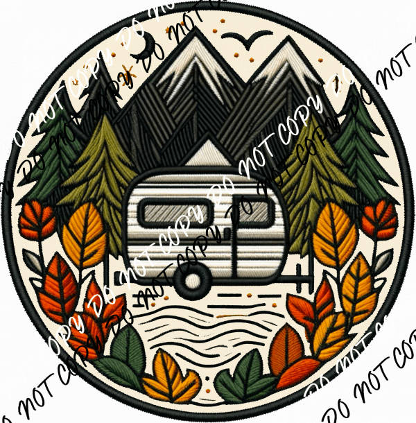 Fall Camper Scene Round Faux Patch DTF Transfer - We Print U Press DTF Transfers