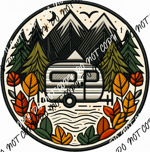 Fall Camper Scene Round Faux Patch DTF Transfer - We Print U Press DTF Transfers