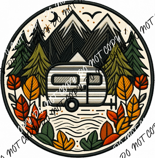 Fall Camper Scene Round Faux Patch DTF Transfer - We Print U Press DTF Transfers