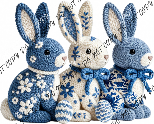 Faux Crochet Blue Bunny Trio DTF Transfer RTP DTF Transfers