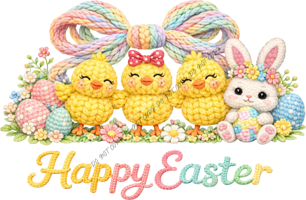 Faux Crochet Happy Easter Chicks Trio DTF Transfer RTP DTF Transfers