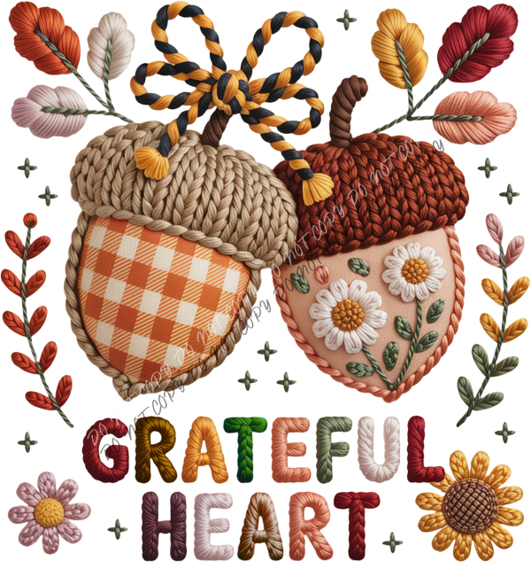 Faux Yarn Grateful Heart Acorns DTF Transfer RTP DTF Transfers