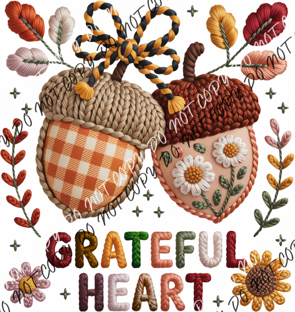 Faux Yarn Grateful Heart Acorns DTF Transfer RTP DTF Transfers