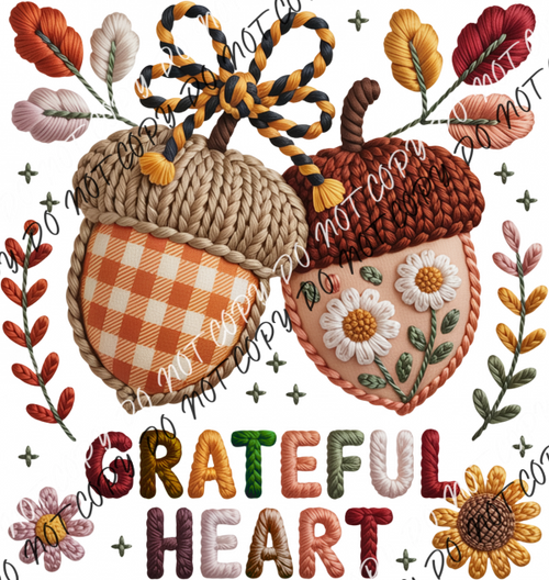 Faux Yarn Grateful Heart Acorns DTF Transfer RTP DTF Transfers