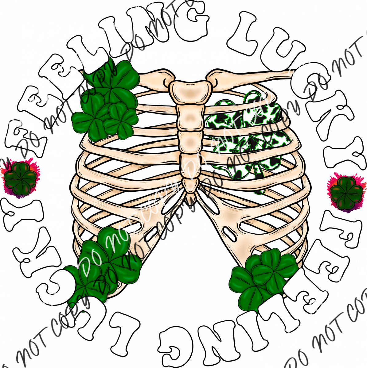 Feeling Lucky Ribs With Shamrocks White Or Black Print Dtf Transfer Pocket Size 3’ / Text Rtp