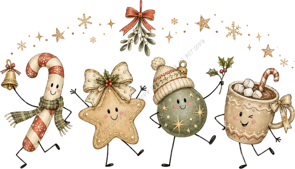 Four cheerful Christmas character designs in cream, red, and green—ready to press DTF transfer with festive holiday theme