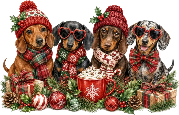 Four festive dachshunds wearing red knit hats, plaid bow ties, and snowflake sweaters, ready to press dtf transfer