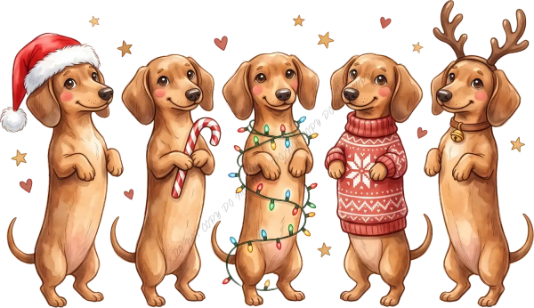 Five brown dachshunds wearing Christmas costumes and holiday accessories, ready to press dtf transfer design with festive elements