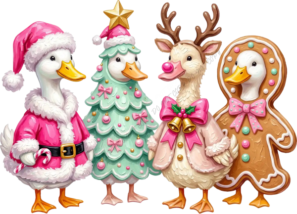 Four festive ducks dressed in Christmas attire—pink Santa outfit, green tree dress, reindeer, and gingerbread cookie design—ready to press dtf transfer