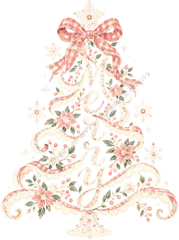 Festive floral Christmas tree with pink gingham bow and gold stars, ready to press dtf transfer