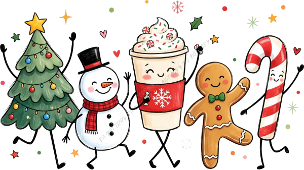 Colorful festive holiday characters including Christmas tree, snowman, gingerbread man, hot cocoa cup and candy cane ready to press dtf transfer