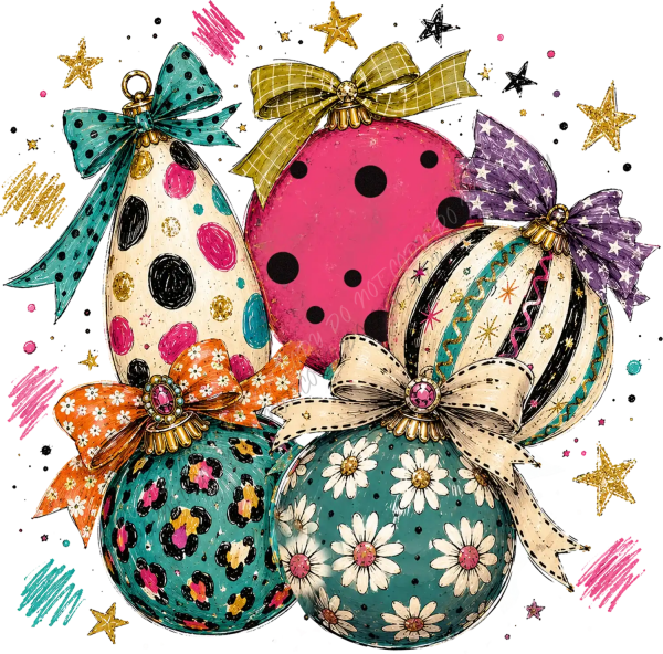 Colorful Christmas ornaments with gold bows ready to press dtf transfer design with festive stars